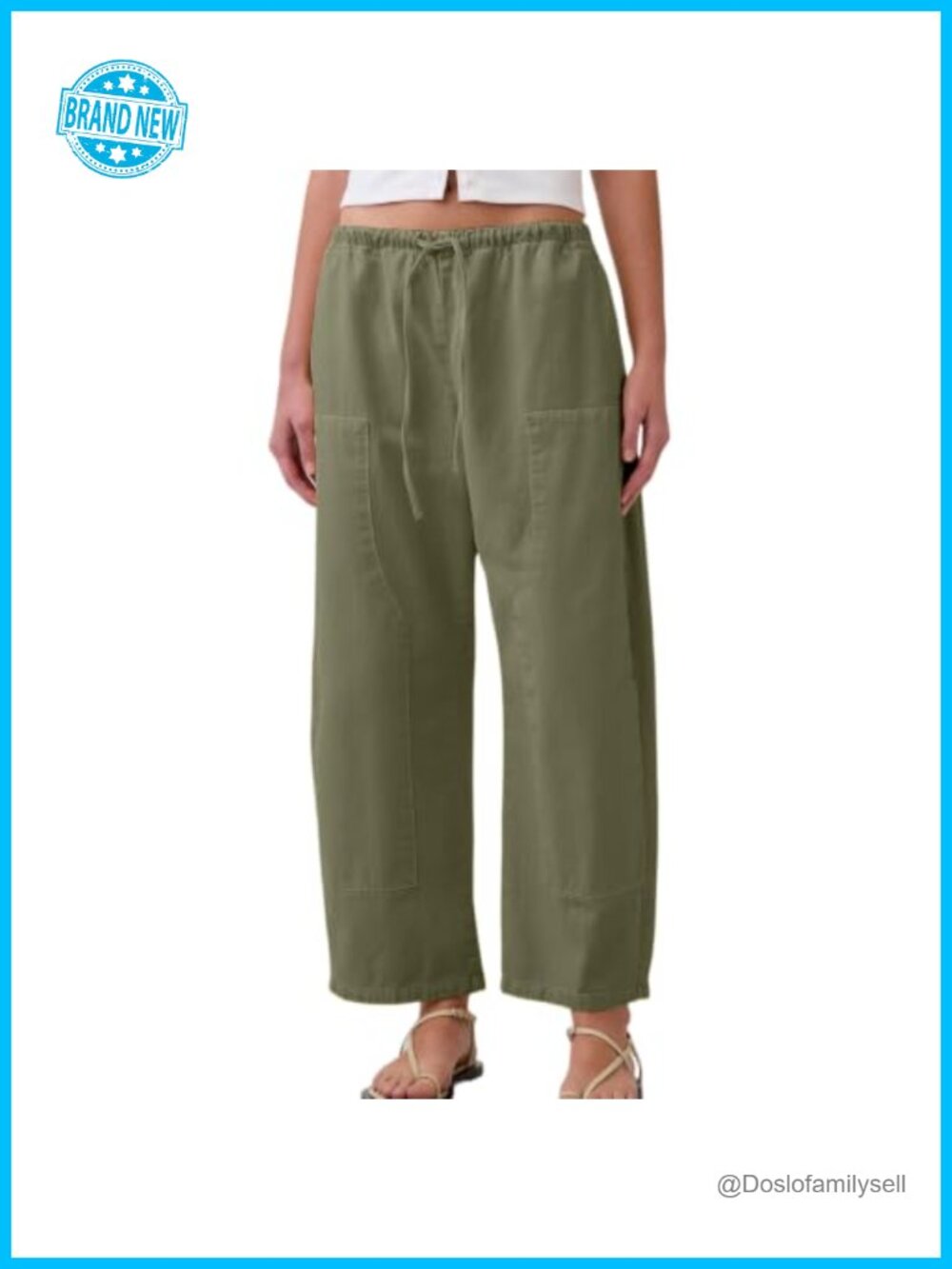 Womens Double Knee Barrel Pants Elastic Waist Cropped Palazzo Wide Leg